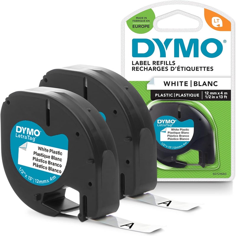 Dymo LetraTag Plastic Labels Authentic 12 mm x 4 m Roll Black Print On White Labels Self-Adhesive Multipurpose Labels For LetraTag Label Makers 2 Count - Image 1