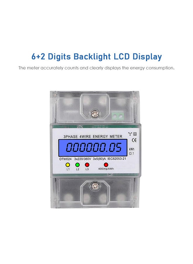 Generic - 3 Phase 4 Wire Energy Meter 220/380V 5-80A Energy Consumption kWh Meter DIN Rail Installation Digital Electric Power Meter with LCD Backlight Display - Image 1