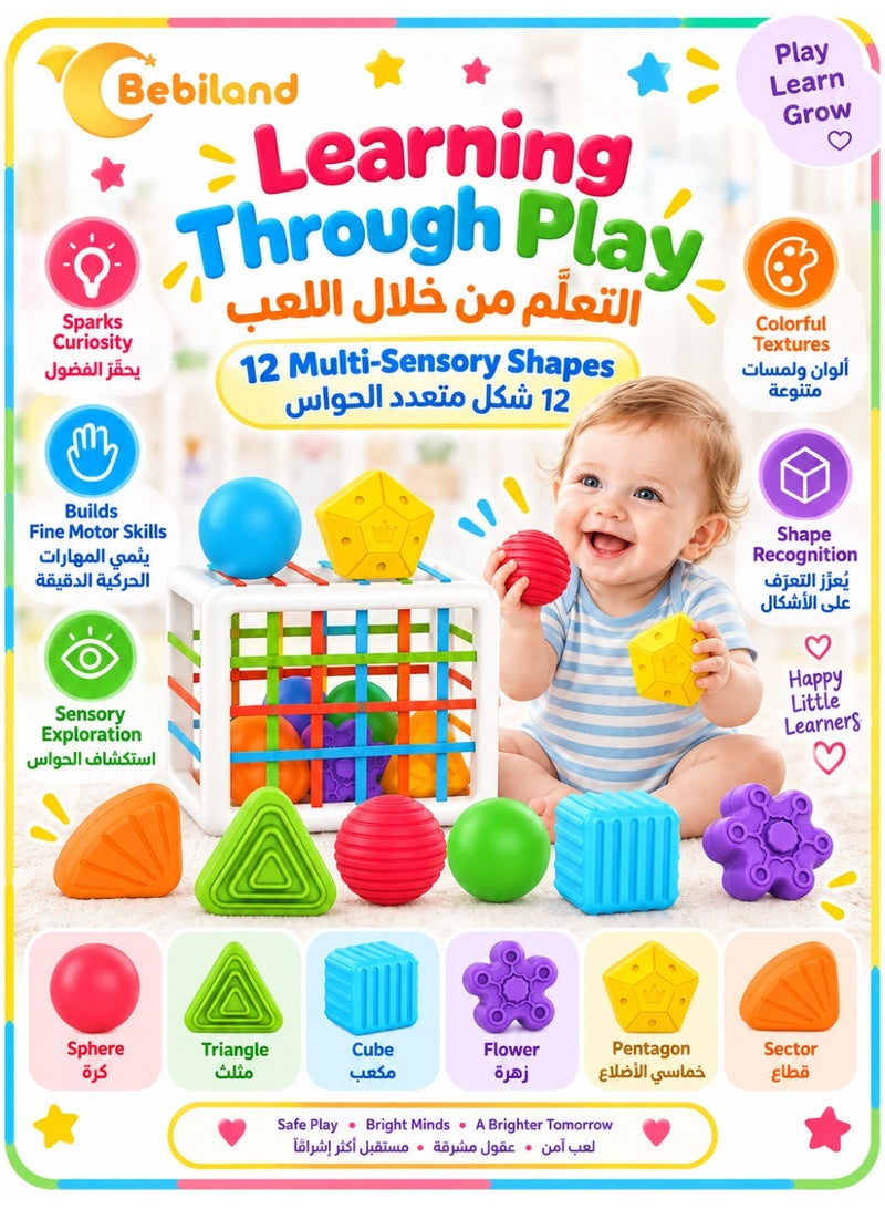 Bebiland Baby Sorter Toy with Colorful Soft Cuboid and 12 Multi Sensory Shapes - Image 3