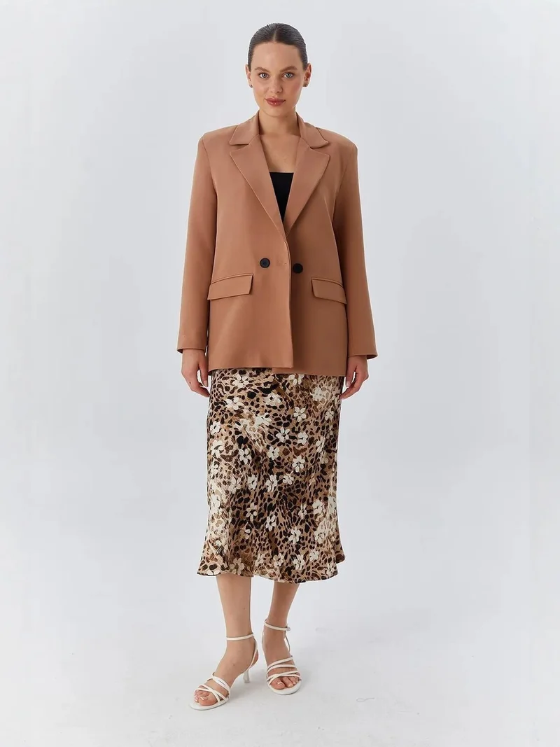 Mixray Camel Brown MIXRAY Long faux leather blazer for Women | Best Price UAE