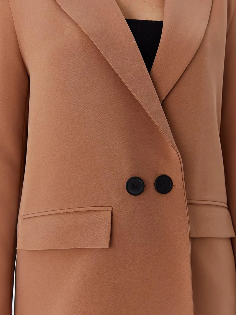 Mixray Camel Brown MIXRAY Long faux leather blazer for Women | Best Price UAE