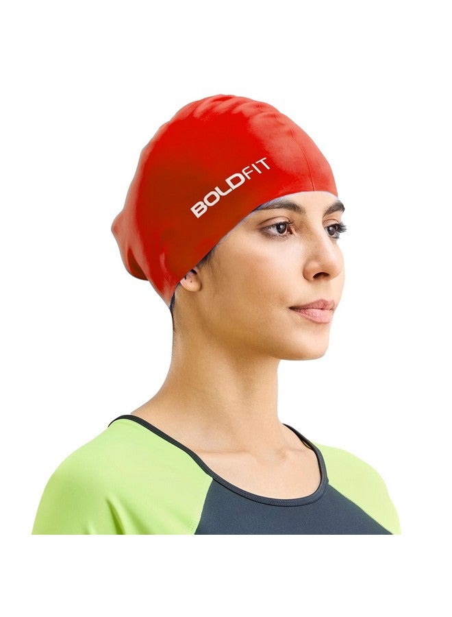 بولد فيت قبعة سباحة Boldfit للنساء، قبعات سباحة طويلة من السيليكون للنساء، قبعة سباحة للفتيات ذوات الشعر الطويل، قبعة سباحة للنساء ذوات الشعر الطويل للشعر الجاف، قبعة سباحة للشعر الطويل، سهلة التركيب - أحمر - Image 1