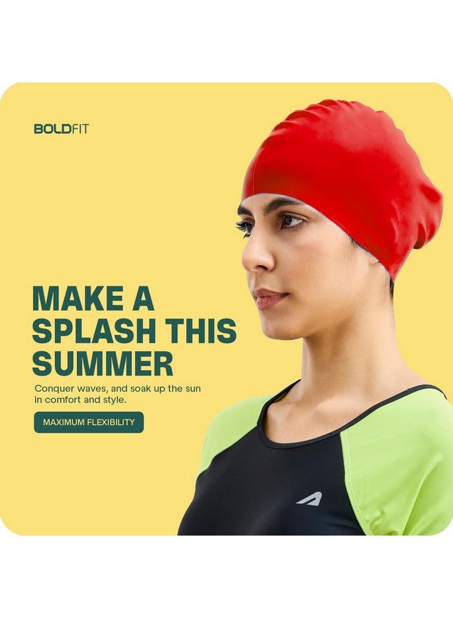 بولد فيت قبعة سباحة Boldfit للنساء، قبعات سباحة طويلة من السيليكون للنساء، قبعة سباحة للفتيات ذوات الشعر الطويل، قبعة سباحة للنساء ذوات الشعر الطويل للشعر الجاف، قبعة سباحة للشعر الطويل، سهلة التركيب - أحمر - Image 3