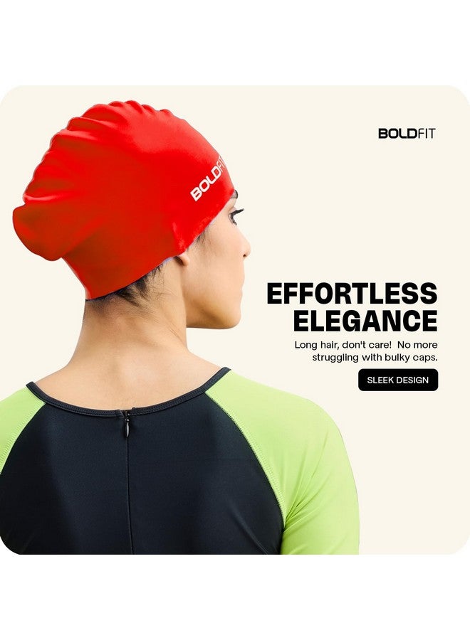 بولد فيت قبعة سباحة Boldfit للنساء، قبعات سباحة طويلة من السيليكون للنساء، قبعة سباحة للفتيات ذوات الشعر الطويل، قبعة سباحة للنساء ذوات الشعر الطويل للشعر الجاف، قبعة سباحة للشعر الطويل، سهلة التركيب - أحمر - Image 2