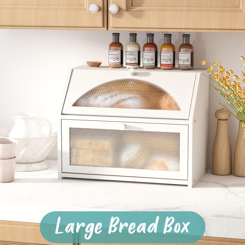 Vriccc Bread Box, Bamboo Wood Bread Box for Kitchen Counter, Double-layer Bread Storage Bin, Acrylic glass with Diamond Patterns (White, Large) - Image 2