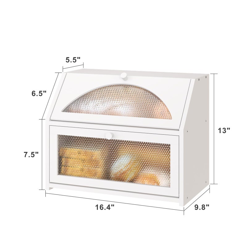 Vriccc Bread Box, Bamboo Wood Bread Box for Kitchen Counter, Double-layer Bread Storage Bin, Acrylic glass with Diamond Patterns (White, Large) - Image 5