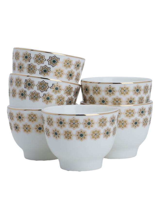 السيف غاليري طقم فناجين قهوة عربية من البورسلين بنقشة ذهبية وخضراء 6 قطع باللون الأبيض