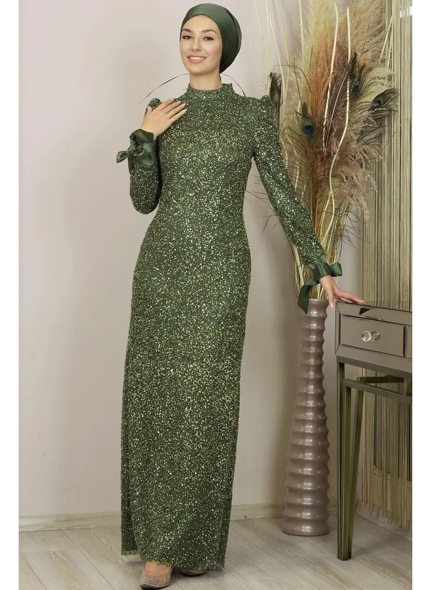 Esilanur Sultan Hijab Evening Dress Khaki with Bow Sleeves and Sequins