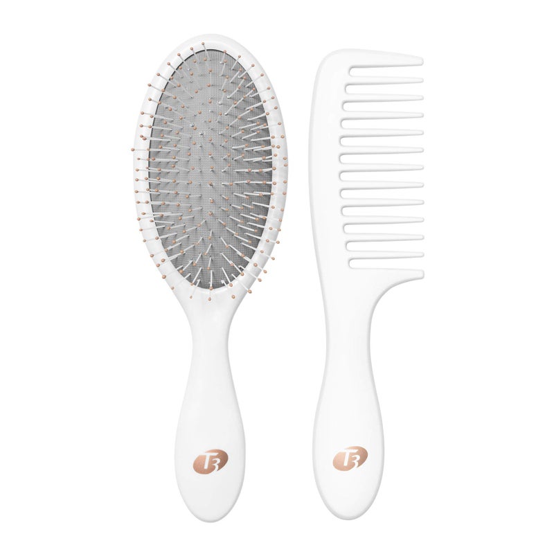 T3 Detangle Duo Brush Set | Detangling Brush and Shower Comb Set | Comb to Disperse Liquid & Brush to Detangle Wet Hair| For All Hair Lengths and Textures, white, 1 Count (Pack of 1) - Image 1