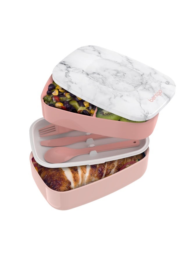 Bentgo - Classic - Adult Bento Box All-In-One Stackable Lunch Box Container With 3 Compartments Plastic Utensils And Nylon Sealing Strap Bpa Free Food Container Blush Marble - Image 1