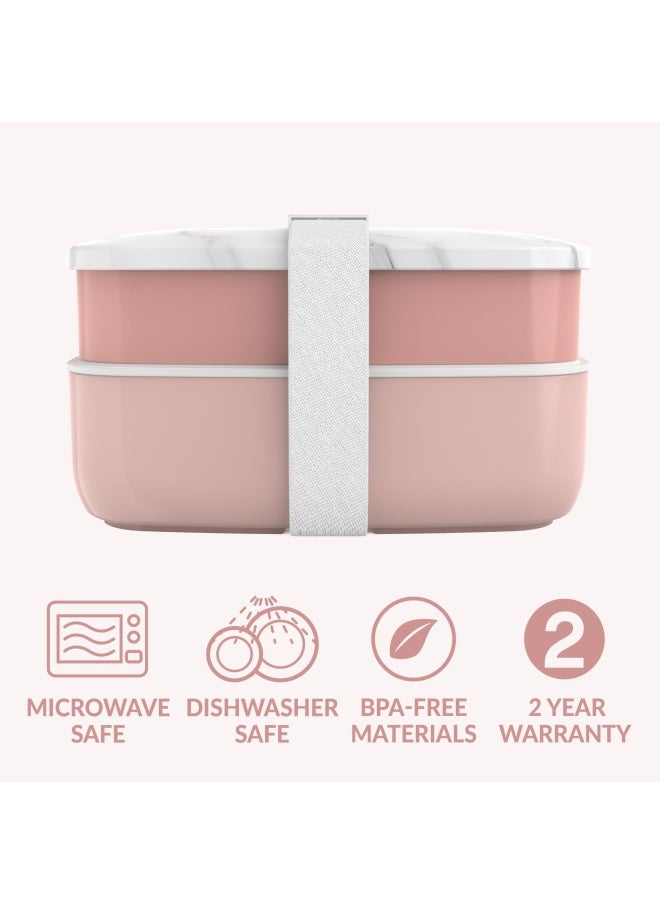 Bentgo - Classic - Adult Bento Box All-In-One Stackable Lunch Box Container With 3 Compartments Plastic Utensils And Nylon Sealing Strap Bpa Free Food Container Blush Marble - Image 1