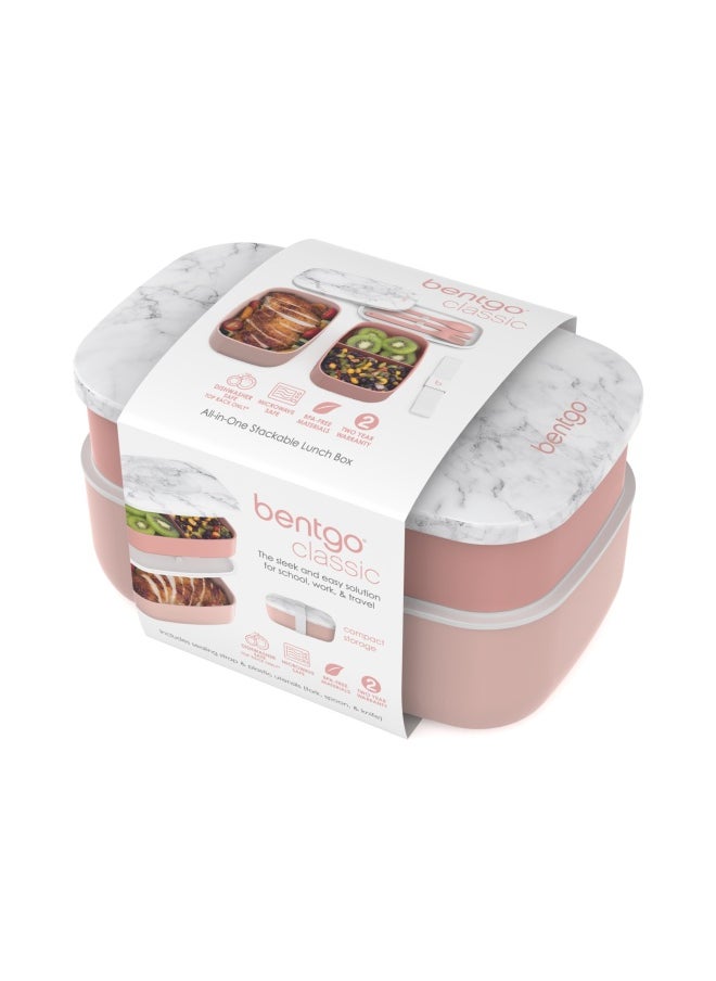 Bentgo - Classic - Adult Bento Box All-In-One Stackable Lunch Box Container With 3 Compartments Plastic Utensils And Nylon Sealing Strap Bpa Free Food Container Blush Marble - Image 1