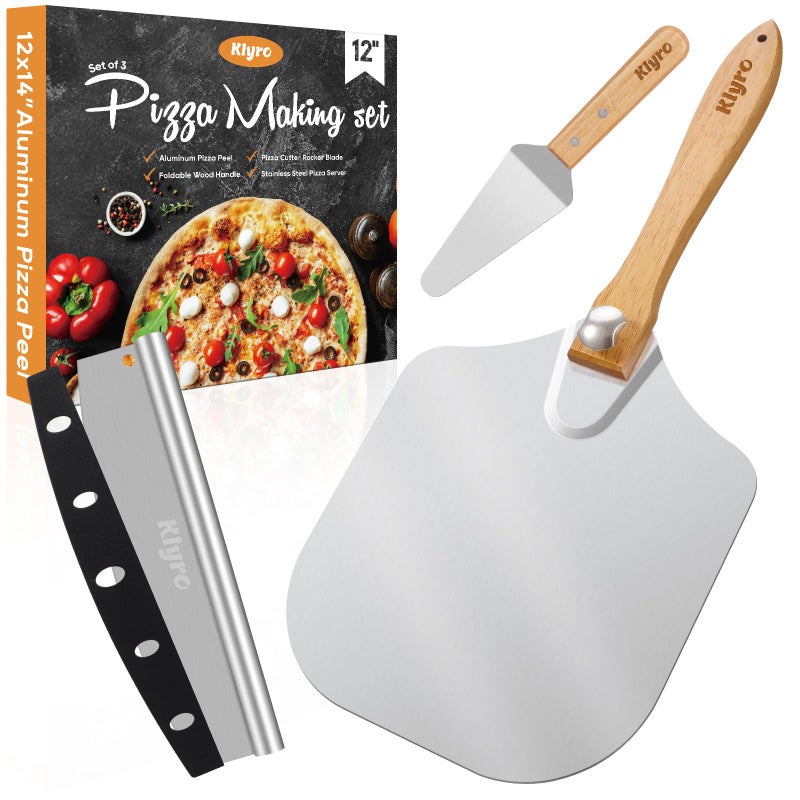KLYRO Pizza Peel Aluminum Pizza Spatula Set 12 x 14 Inch Metal Pizza Paddle with Foldable Wooden Handle Pizza Rocker Cutter Pizza Server Pizza Oven Accessories for Baking Homemade Pizza Bread