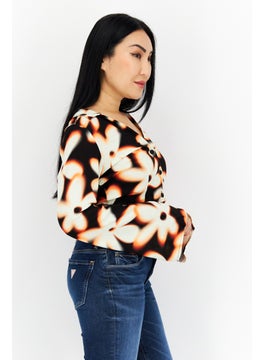 Bershka Women V-Neck Long Sleeve Allover Blouse, Beige Combo  - Image 4