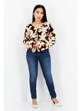 Bershka Women V-Neck Long Sleeve Allover Blouse, Beige Combo  - Image 3
