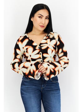Bershka Women V-Neck Long Sleeve Allover Blouse, Beige Combo  - Image 1