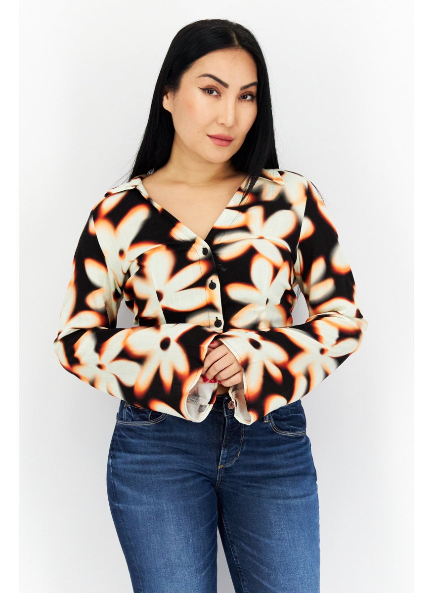 Bershka Women V-Neck Long Sleeve Allover Blouse, Beige Combo  - Image 1