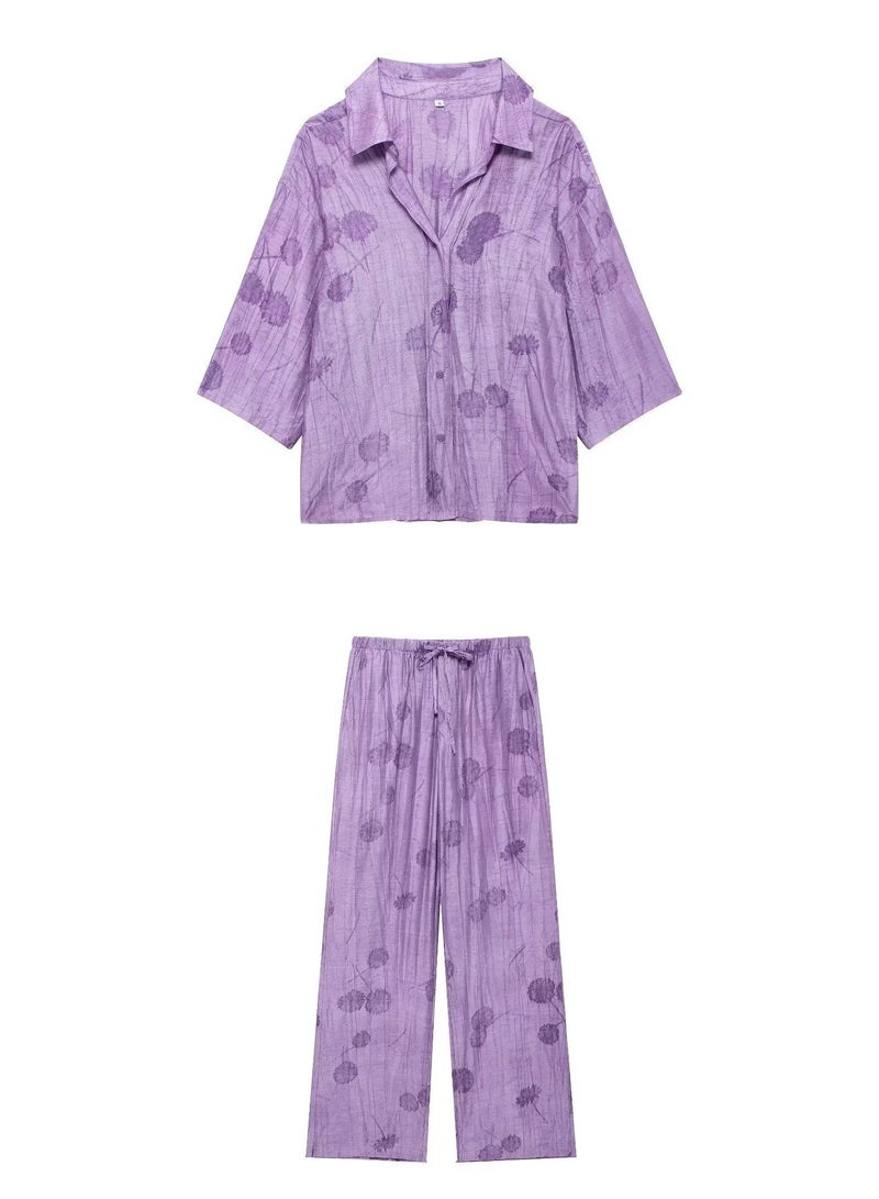 Shougu Loose Shirt Jacquard Casual Straight Leg Pants Set - Image 1