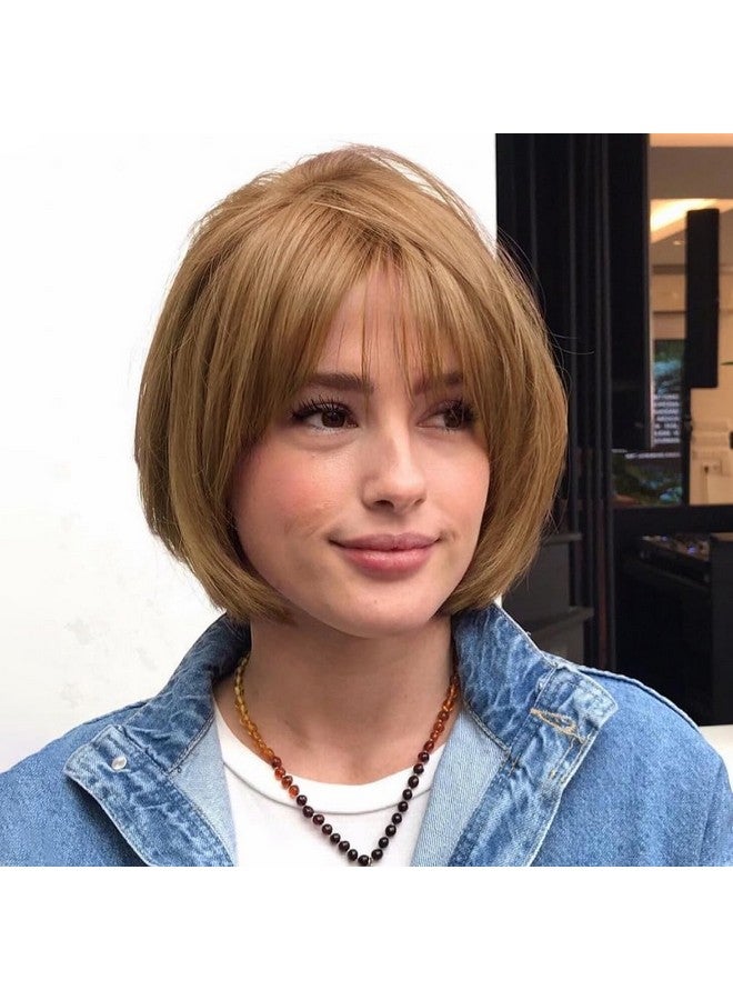 Creamily 10 Inch Strawberry Blonde Bob Wigs with Bangs Medium Length Blonde Straight Wigs Synthetic Hair Replacement Wig for Women Halloween Costume Cosplay Wigs - Image 1