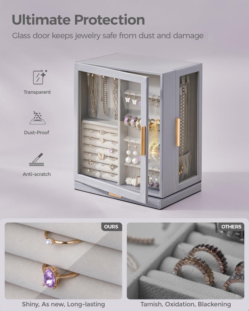 Glimmloop 360Â° Rotating Jewelry Box with 5 Drawers, Spacious Vertical Jewelry Organizer with Glass Window, Jewelry Storage Case, Dustproof & Moisture-resistant Design, Grey - Image 3