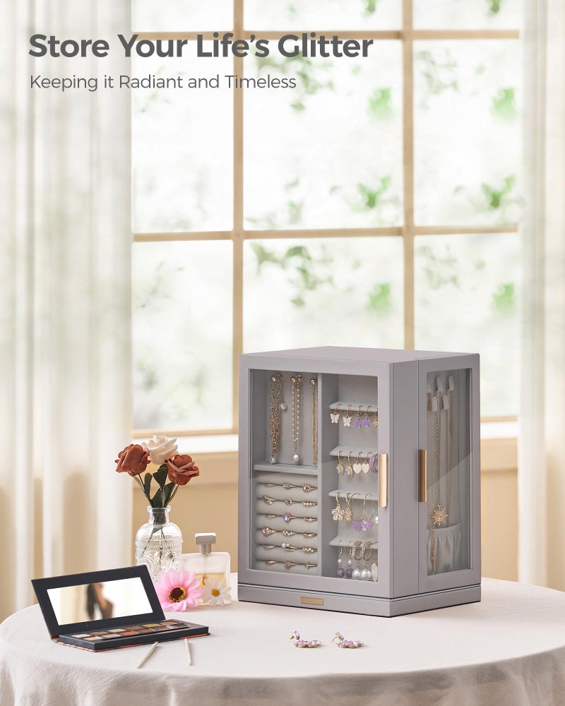 Glimmloop 360Â° Rotating Jewelry Box with 5 Drawers, Spacious Vertical Jewelry Organizer with Glass Window, Jewelry Storage Case, Dustproof & Moisture-resistant Design, Grey - Image 2