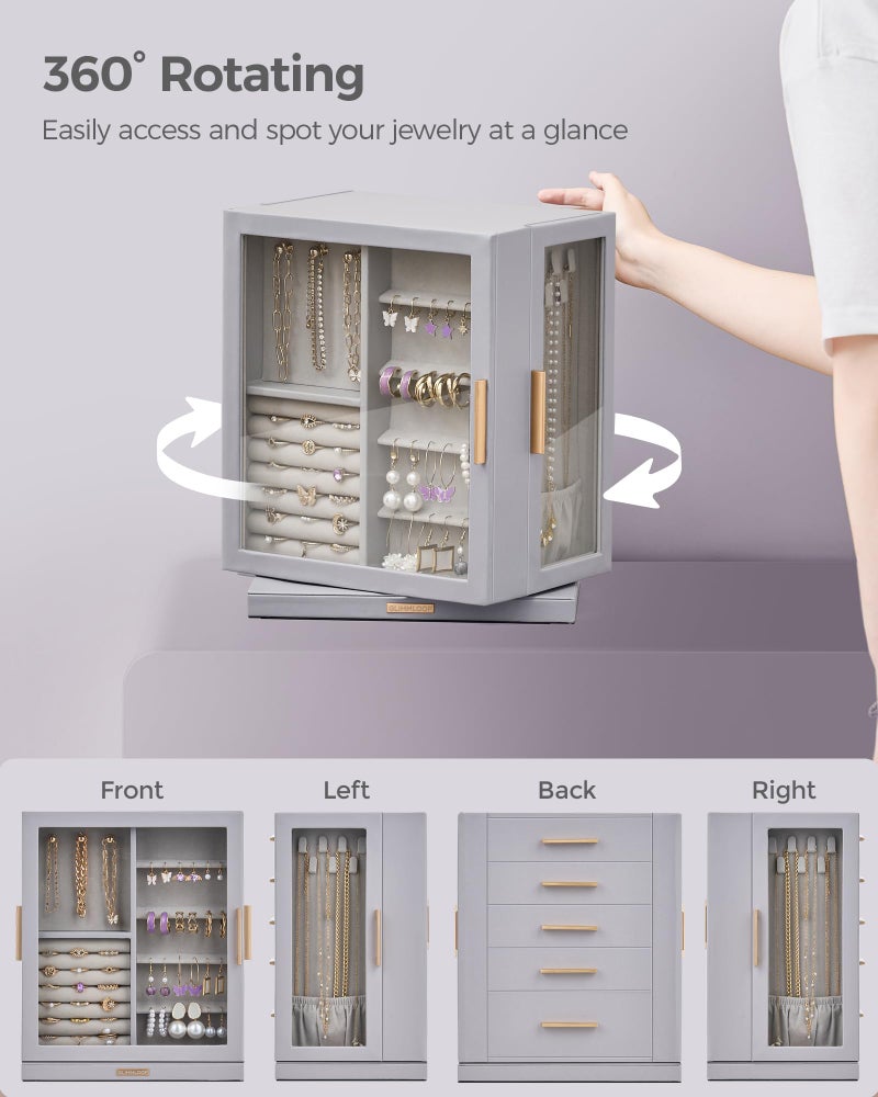 Glimmloop 360Â° Rotating Jewelry Box with 5 Drawers, Spacious Vertical Jewelry Organizer with Glass Window, Jewelry Storage Case, Dustproof & Moisture-resistant Design, Grey - Image 4