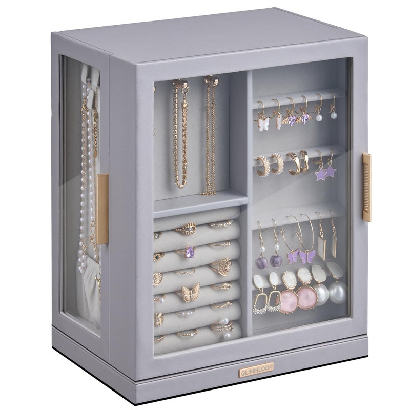 Glimmloop 360Â° Rotating Jewelry Box with 5 Drawers, Spacious Vertical Jewelry Organizer with Glass Window, Jewelry Storage Case, Dustproof & Moisture-resistant Design, Grey - Image 1