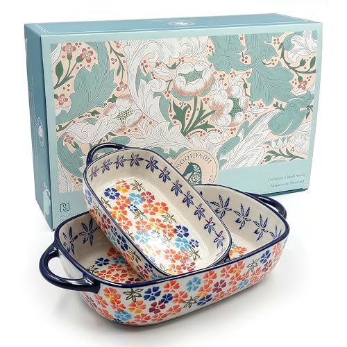 Moqidadii Polish Pottery Style Ceramic Baking Dish Set, 2-Piece Large & Small Casserole Bakers for 2–3 People, Floral Oven-to-Table Bakeware, Microwave & Dishwasher Safe, Gift-Ready with Protective Packaging - Image 1