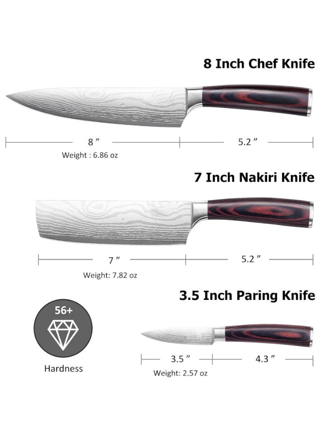 مجموعة سكين الطهي المهنية ، سكاكين مطبخ عالية الكربون من الفولاذ المقاوم للصدأ من 3 قطع مع شفرة حادة للغاية ومقبض خشبي بني داكن ، مثالي للمطبخ العربي وقطع لحوم الخروف والبقر - Image 2