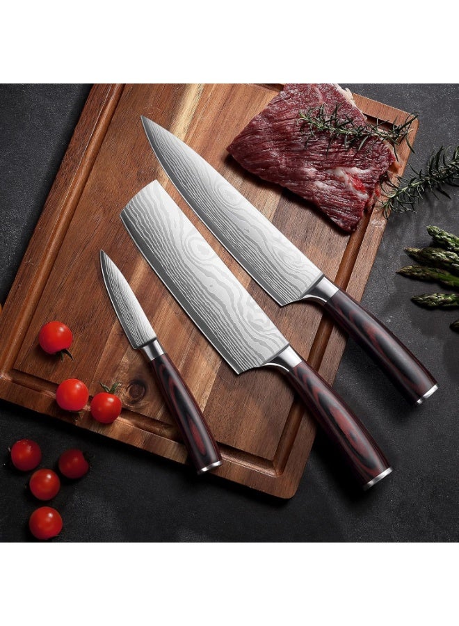 مجموعة سكين الطهي المهنية ، سكاكين مطبخ عالية الكربون من الفولاذ المقاوم للصدأ من 3 قطع مع شفرة حادة للغاية ومقبض خشبي بني داكن ، مثالي للمطبخ العربي وقطع لحوم الخروف والبقر - Image 5