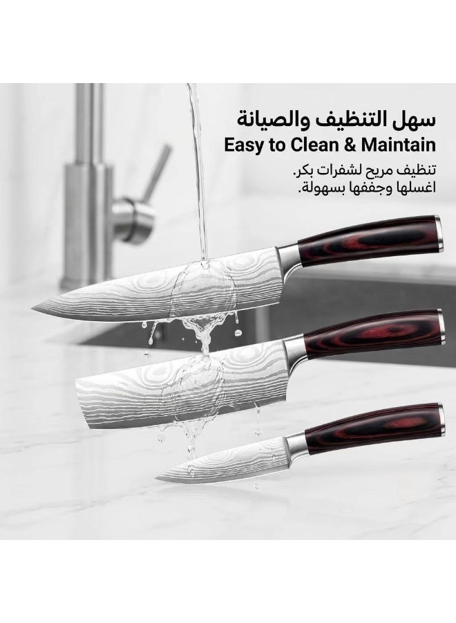 أوسوك مجموعة سكين الطهي المهنية ، سكاكين مطبخ عالية الكربون من الفولاذ المقاوم للصدأ من 3 قطع مع شفرة حادة للغاية ومقبض خشبي بني داكن ، مثالي للمطبخ العربي وقطع لحوم الخروف والبقر - Image 5