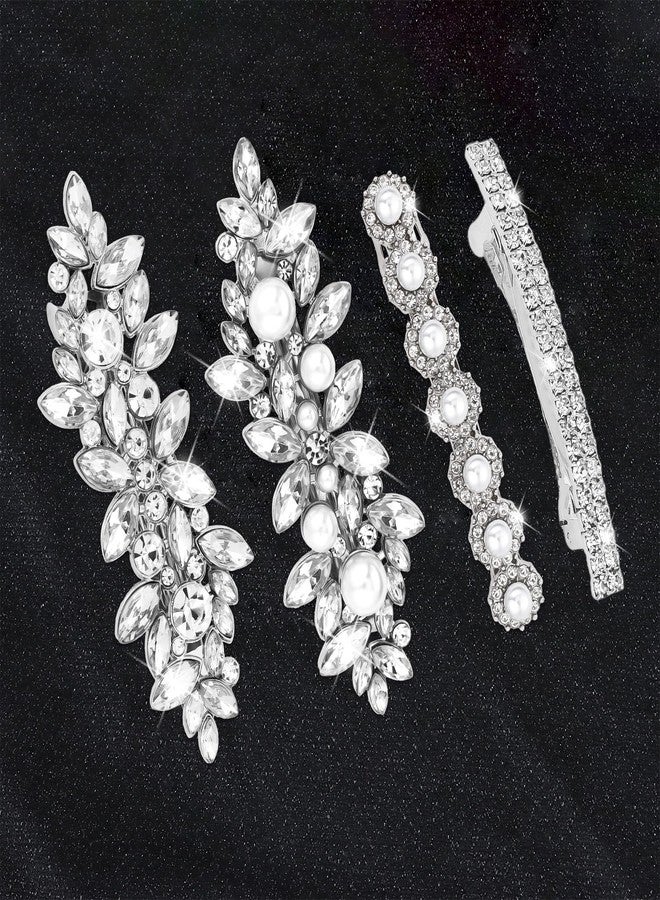 KIUEZIR 4PCS Rhinestone Hair Clips, Silver Sparkly Pearl Wedding Hair Barrettes, Elegant Metal Alloy Rhinestone Hair Accessories for Women Girls - Image 1