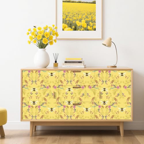 Livelynine Yellow Bee Wallpaper Peel and Stick Traditional Removable Wallpaper Vintage French Bee Botanical Flower Victorian Floral Contact Paper for Cabinets Kitchen Nursery Bees Gold Vinyl 175x788 - Image 3