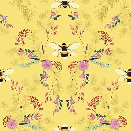 Livelynine Yellow Bee Wallpaper Peel and Stick Traditional Removable Wallpaper Vintage French Bee Botanical Flower Victorian Floral Contact Paper for Cabinets Kitchen Nursery Bees Gold Vinyl 175x788 - Image 1