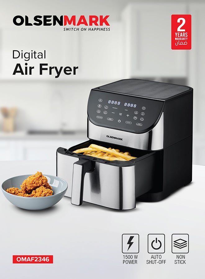 Digital Air Fryer with Non-Stick Frying Pot and Tray , Oil Free Cooking/ LED Display with Touch Screen, 10 Preset Cook Modes, 1-60 minutes Timer/ for Making Fries, Steak, Chicken, Meat, Bread/ 2 Years Warranty 6 L 1700 W OMAF2346J Black and Silver