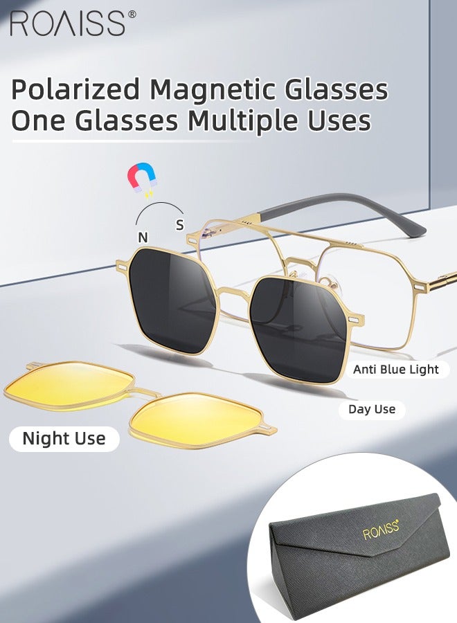 رويس مجموعة نظارات شمسية 3 في 1 مستقطبة مغناطيسية قابلة للتثبيت، نظارات حجب الضوء الأزرق مع عدسة مستقطبة مغناطيسية وعدسة رؤية ليلية مغناطيسية، نظارات قيادة متعددة الاستخدامات للاستخدام ليلاً ونهارًا للرجال - Image 1