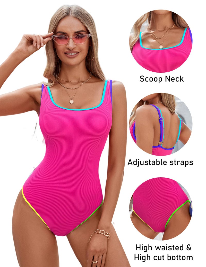 BMJL Women's Tummy Control Swimsuits Ribbed One Piece Bathing Suit Slimming High Cut Monokini Swimwear(L,Rainbow Hot Pink) - Image 4
