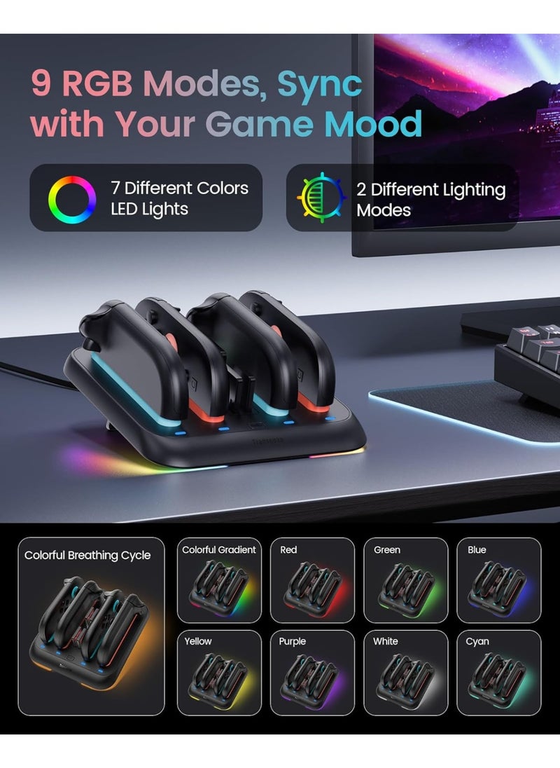 Charging Dock for Nintendo Switch 2 JoyCon, 4-Slot Dual-Side Magnetic Joy-Cons Charger, Patented 4-Slot Game Card Storage, 9-RGB Mode, Circuit Protection, Multiplayer Switch 2 Accessories
