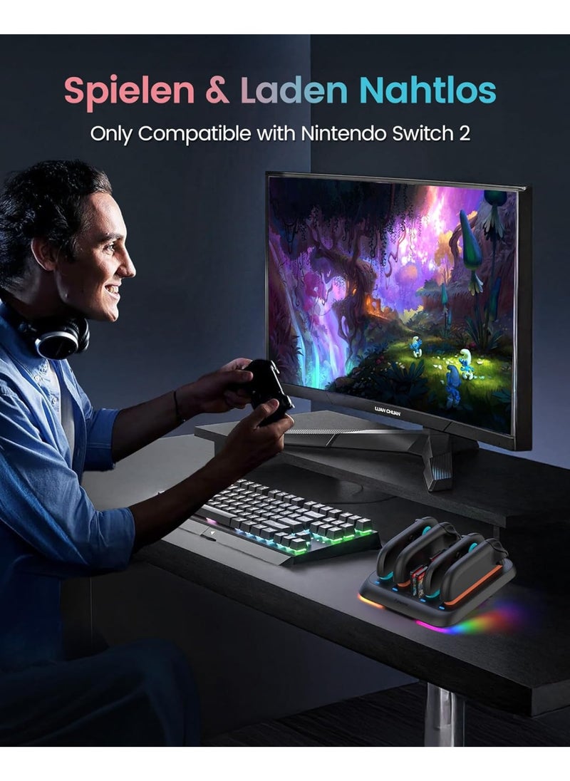 Charging Dock for Nintendo Switch 2 JoyCon, 4-Slot Dual-Side Magnetic Joy-Cons Charger, Patented 4-Slot Game Card Storage, 9-RGB Mode, Circuit Protection, Multiplayer Switch 2 Accessories