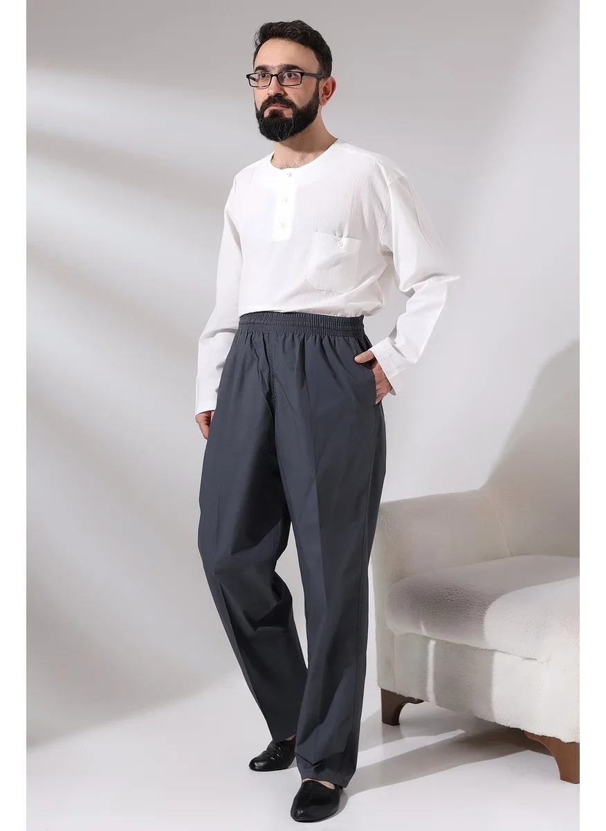 İhvan Online Men's Smoked Çınar Casual Cut Elastic Waist Hajj and Umrah Linen Shalwar Trousers