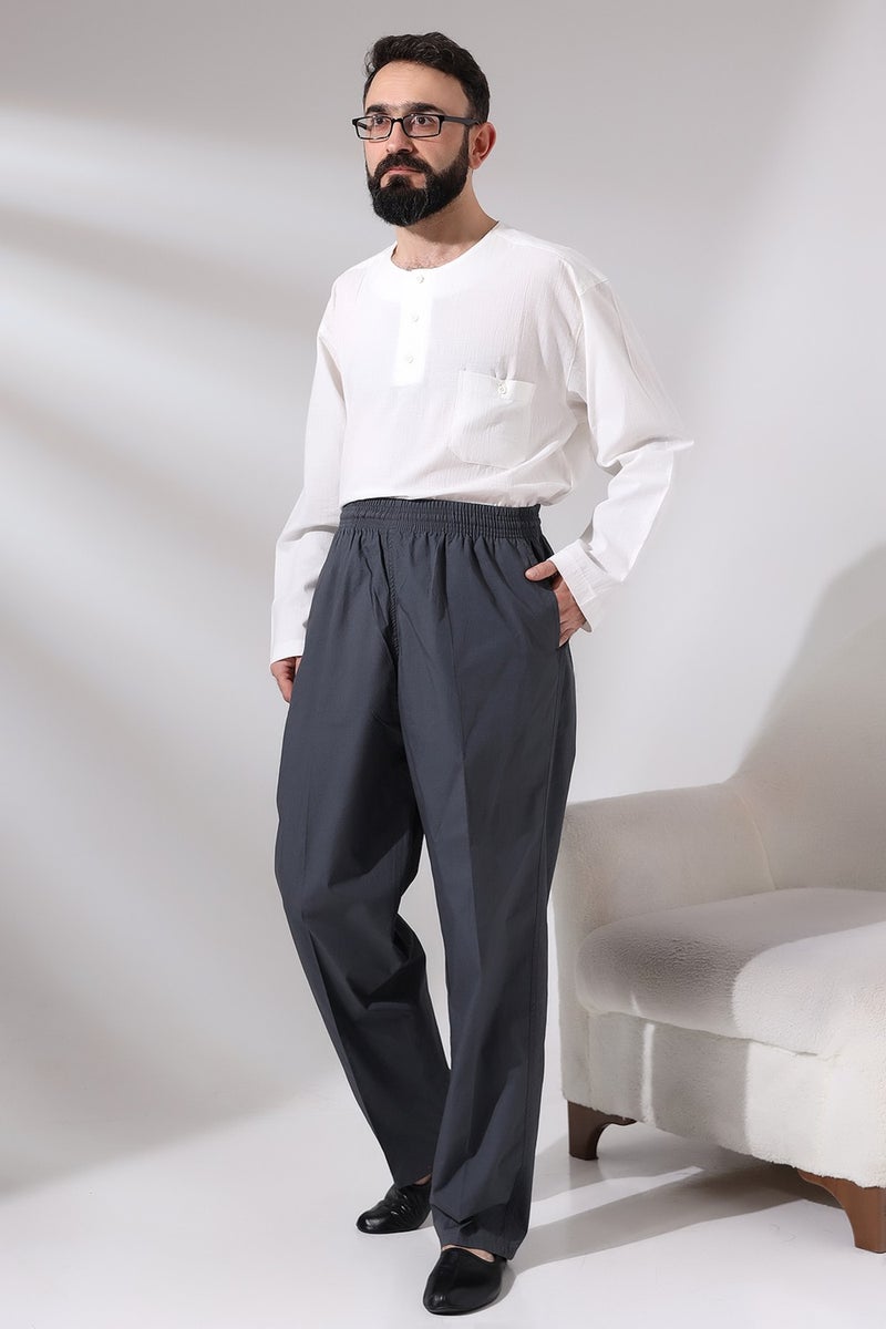 İhvan Online Men's Smoked Çınar Casual Cut Elastic Waist Hajj and Umrah Linen Shalwar Trousers  - Image 4
