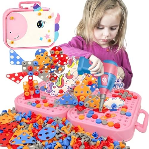 PLUSPOINT Unicorn Drill Toy for Kids 228pc Unicorn Theme 3D STEM Construction Puzzle Toy Electric Working Drill with Fix Tool Box, Girls Engineering Building Kits, Brithday for Boys 3-9 Yrs Old - Image 1