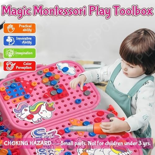 PLUSPOINT Unicorn Drill Toy for Kids 228pc Unicorn Theme 3D STEM Construction Puzzle Toy Electric Working Drill with Fix Tool Box, Girls Engineering Building Kits, Brithday for Boys 3-9 Yrs Old - Image 2