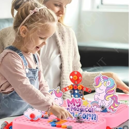 PLUSPOINT Unicorn Drill Toy for Kids 228pc Unicorn Theme 3D STEM Construction Puzzle Toy Electric Working Drill with Fix Tool Box, Girls Engineering Building Kits, Brithday for Boys 3-9 Yrs Old - Image 3