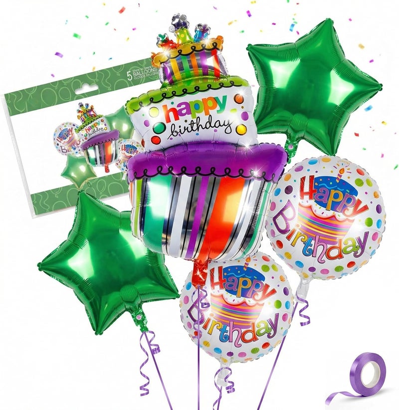 MAGIC VAULT Happy Birthday Cake Foil Balloon Set - 5 Pcs with Star & Round Balloons - Image 1