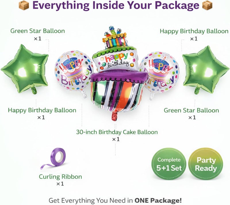 MAGIC VAULT Happy Birthday Cake Foil Balloon Set - 5 Pcs with Star & Round Balloons - Image 5