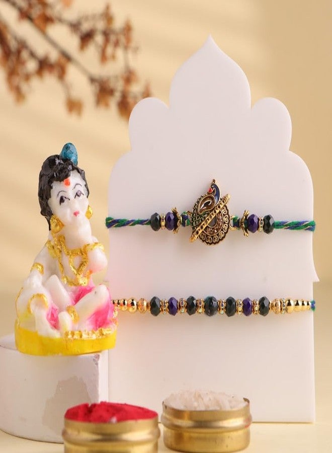 Floweraura Raksha Bandhan Celebration Premium Handcrafted Set of 2 Elegant Gold & Beads Peacock Rakhi with Lord Ganesha Idol Showpiece -Rakhi for Brother, Bhai, Cousin & Raksha Bandhan Gift - Image 1