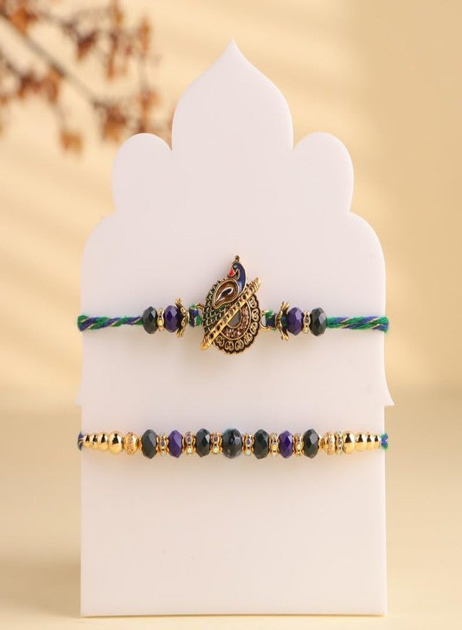 Floweraura Raksha Bandhan Celebration Premium Handcrafted Set of 2 Elegant Gold & Beads Peacock Rakhi with Lord Ganesha Idol Showpiece -Rakhi for Brother, Bhai, Cousin & Raksha Bandhan Gift - Image 3