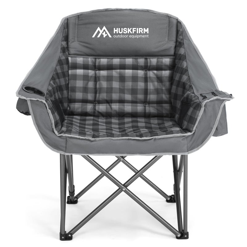 Huskfirm Oversized Camping Chair Padded Camping Chairs Heavy-Duty Foldable Camping Chairs with Cup Holder and Cooler Bag Portable Lawn Chair for Sports Outdoors-Support 450LBS, Grey - Image 1