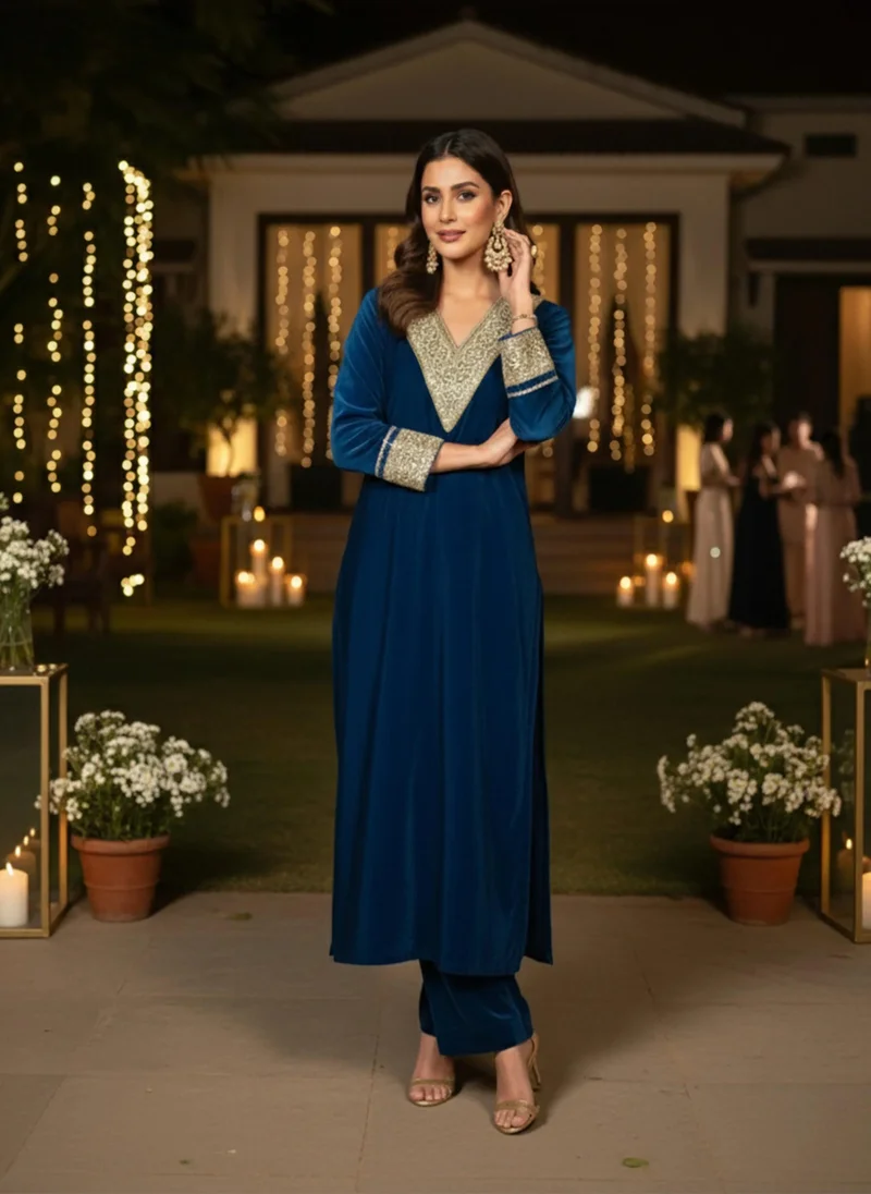 trueBrowns trueBrowns Blue Velvet Straight High-Slit Kurta